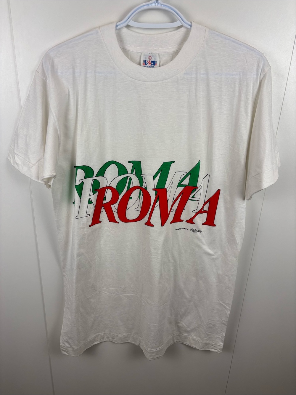 Vintage Roma T-Shirt Single Stitch Red Green White Italy by Kosmo sz L 80s 90s